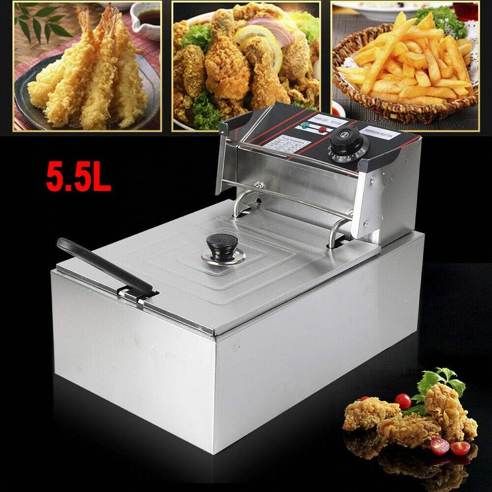 Friggitrice ad olio, friggitrice in acciaio inox, 5,5 litri, 2500 W, riscaldamento rapido, con coperchio, termostato di sicurezza, zona fredda, piedini antiscivolo, cucina professionale con zone