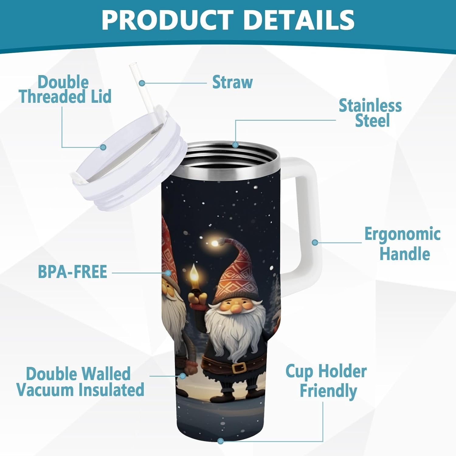 30oz Tumbler with Handle and Straw Lid, Christmas Gnomes Insulated Coffee Mug Stainless Steel Water Bottle Leakproof Vacuum Travel Coffee Cup