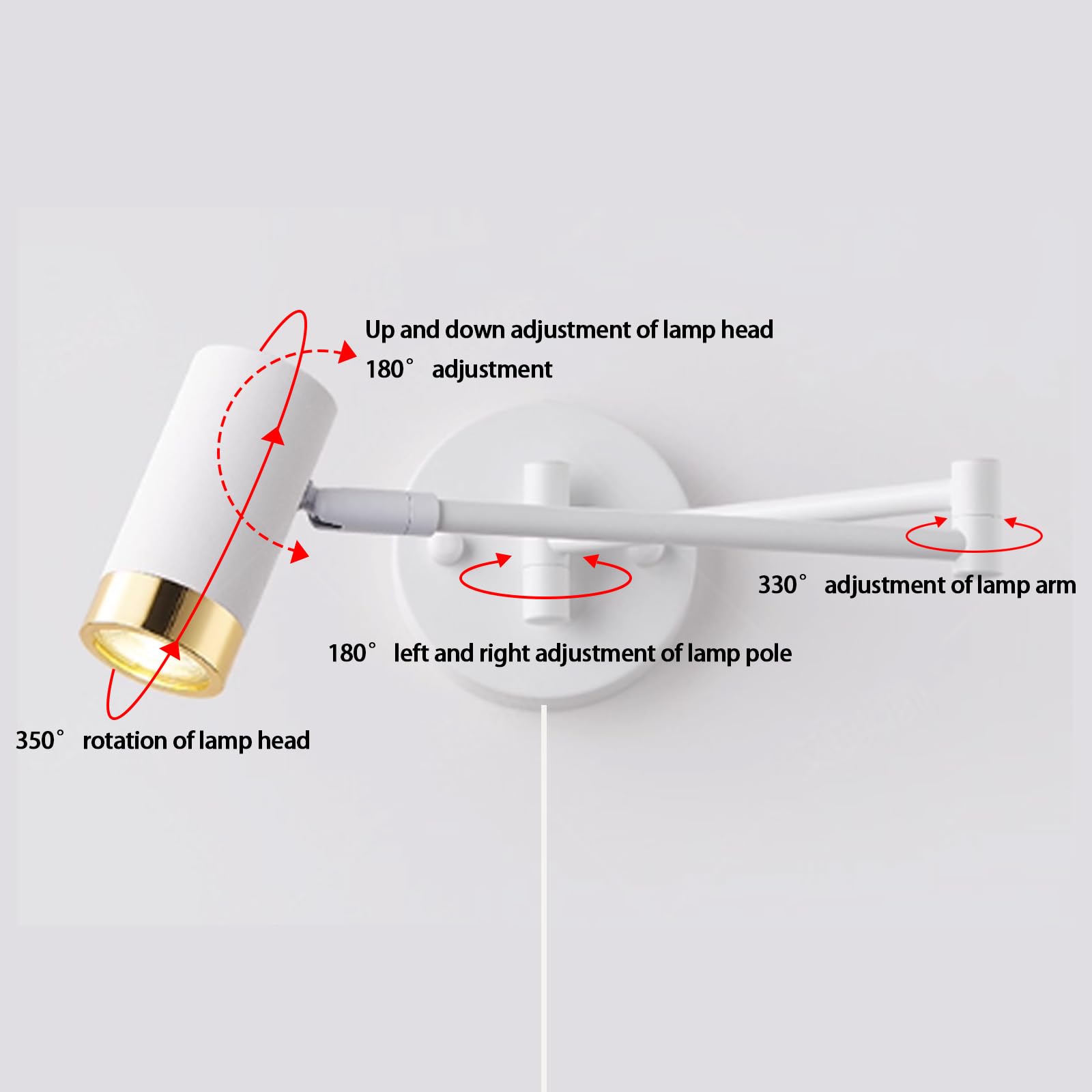 LED Innen Retro Wandleuchte mit Schalter Stecker Wandlampe 350°+180° Drehbar Wandbeleuchtung Eisen Aluminium Langer Arm Kopfende Lesen für Schlafzimmer Küche Esszimmer (Weiß + Gold)