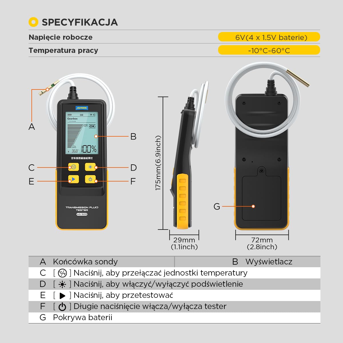 Tester del fluido di trasmissione, Tester dell'olio della trasmissione automatica Rivelatore di trasparenza del fluido di trasmissione Strumento di prova diagnostico Analizzatore Meter