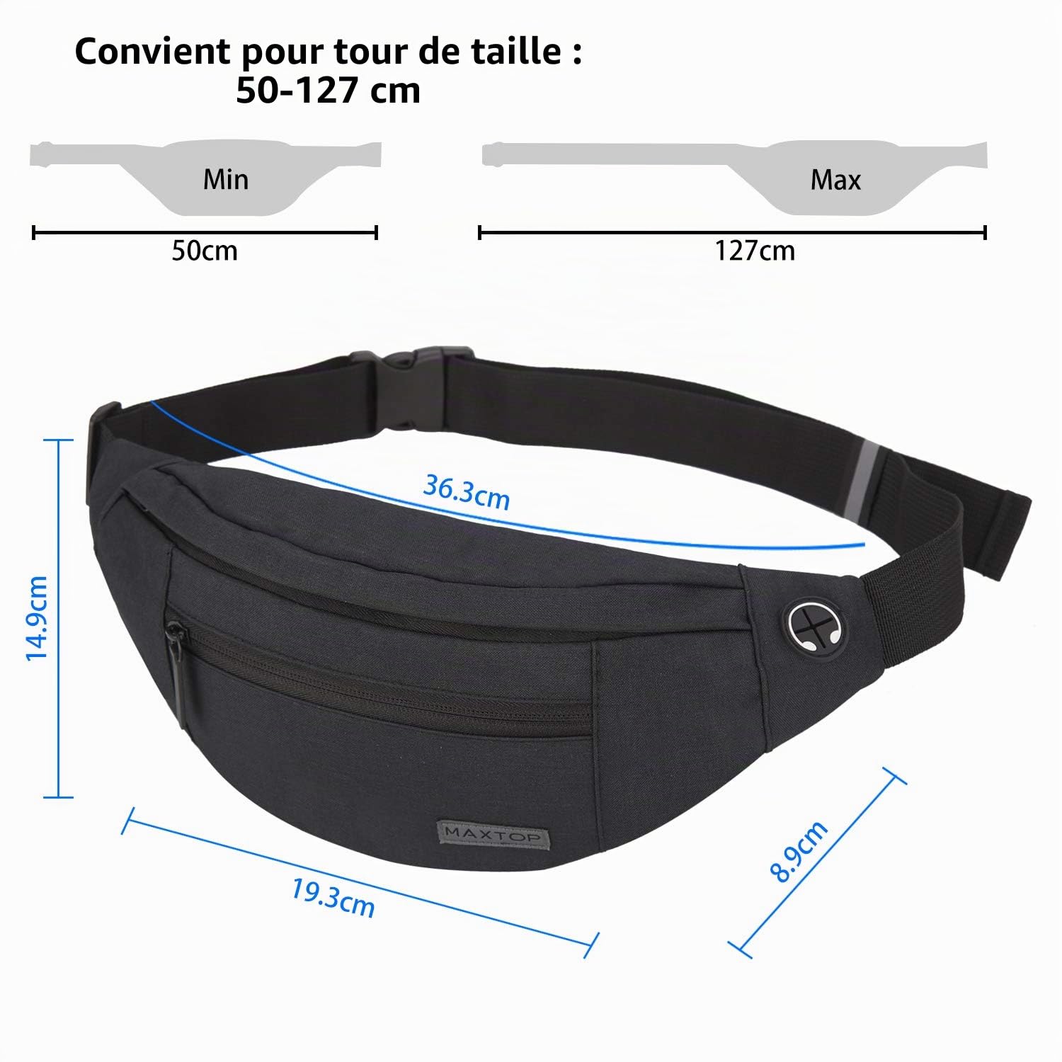 MAXTOP Grand Sac Banane pour Femme et Homme, Sac Banane avec Prise Casque et 4 Poches zippées, Ceinture réglable pour Le Cyclisme, la Course, Le Jogging, Les Voyages, l'extérieur