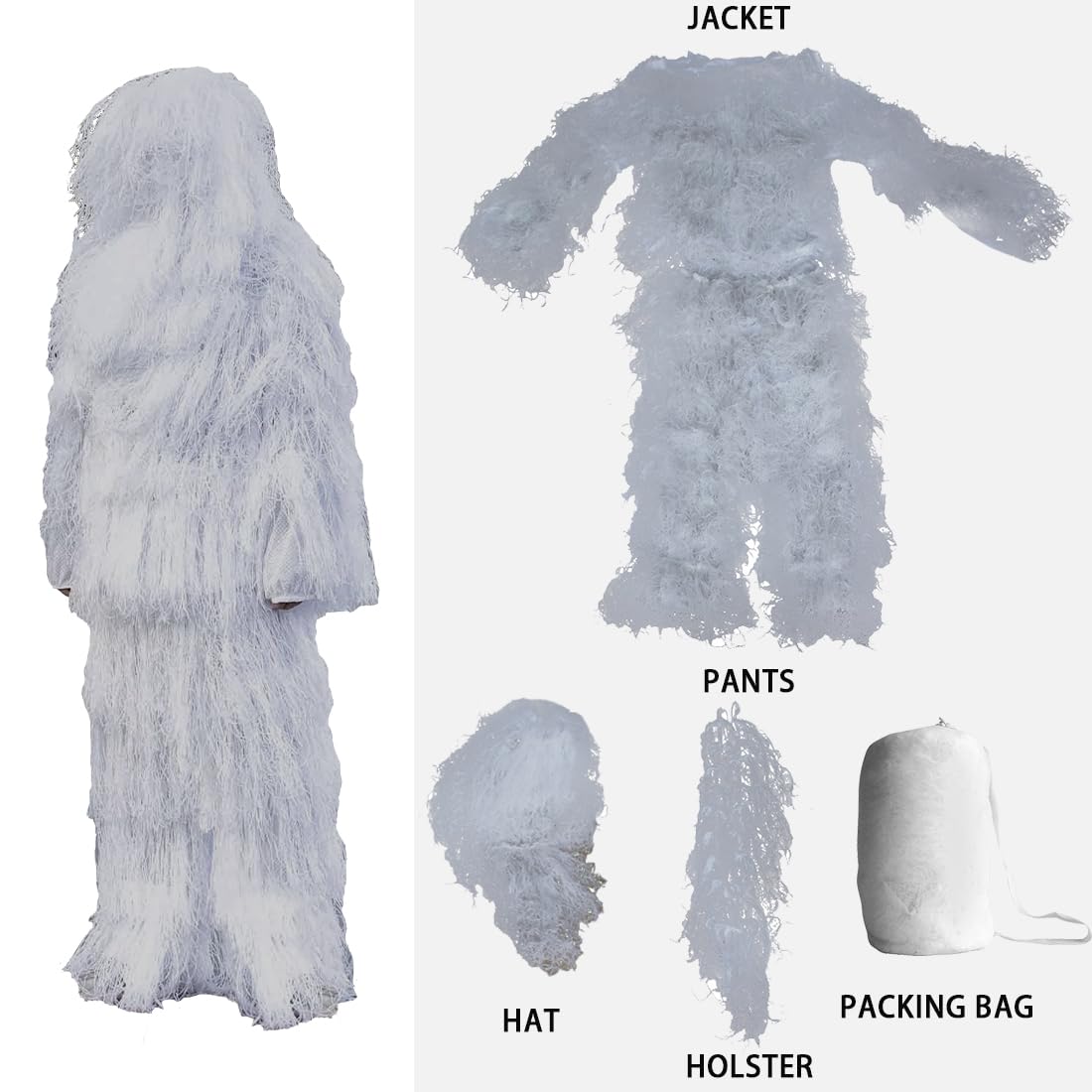 Ghillie Anzug, Schnee Camo Anzug, Weißer Jagdbekleidung Herren Set, Jagdanzug Wald für Jagd Schießen Vogelbeobachtung, Universalgröße