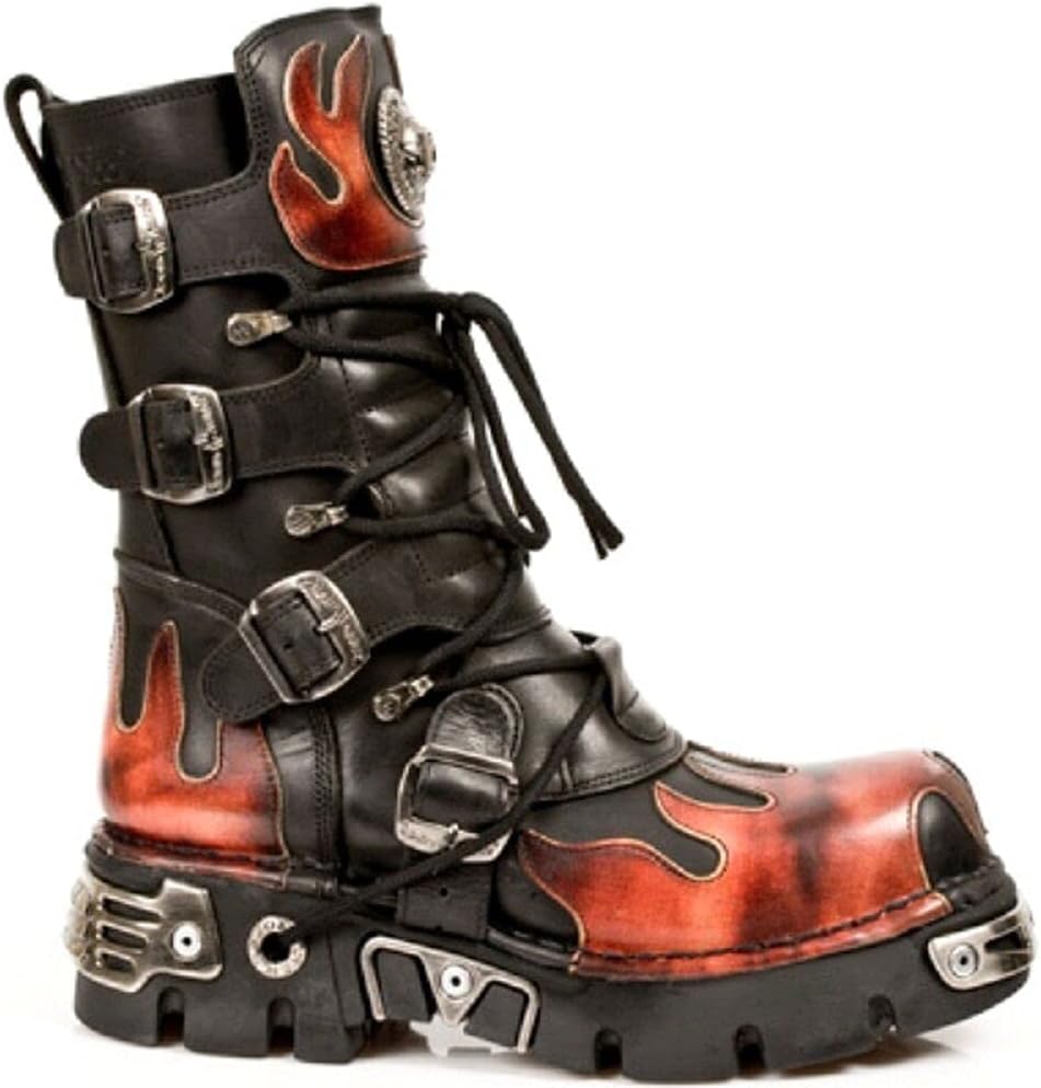 靴 NEWROCK engineerboots fire pattern 41 New Rock Newrock 591 S1 Red Flame Goth Boots Metallic Black