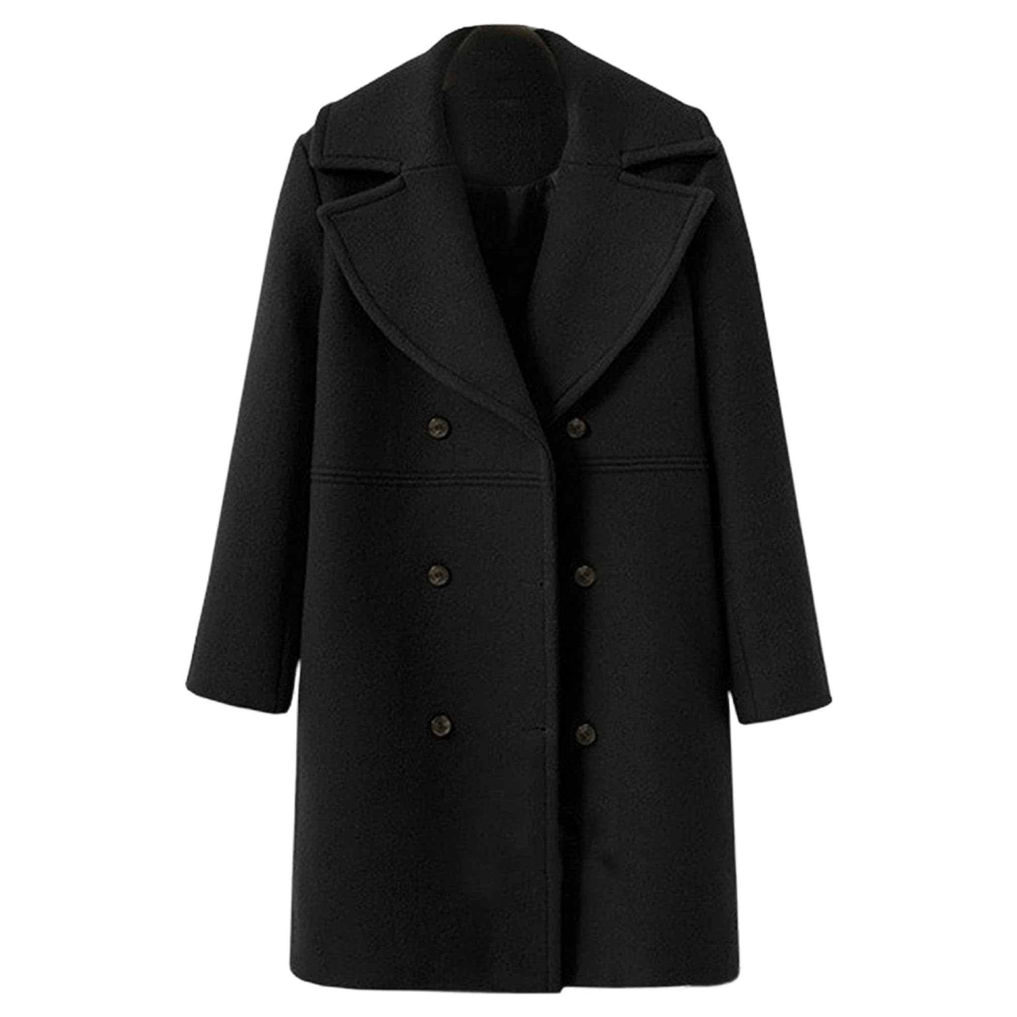 Cappotto da donna doppiopetto in tweed tinta unita Mid Long Casual con risvolto dentellato giacca a vento inverno moda soprabito con tasca