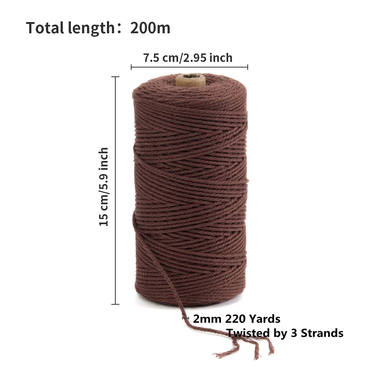 POZEAN sznurek do makramy, 2 mm x 220 m (ok. 200 m), kolorowa lina do makramy, 100% naturalna bawełniana lina do powieszenia na ścianie, wieszaki na rośliny, rękodzieło, robótki na drutach, Boże