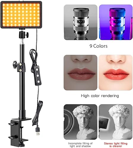 Miniatura 6 de Paquete de 1 luz LED para llave de escritorio, luz de video con soporte de abrazadera en C, 9 filtros de color, iluminación de fotografía de estudio