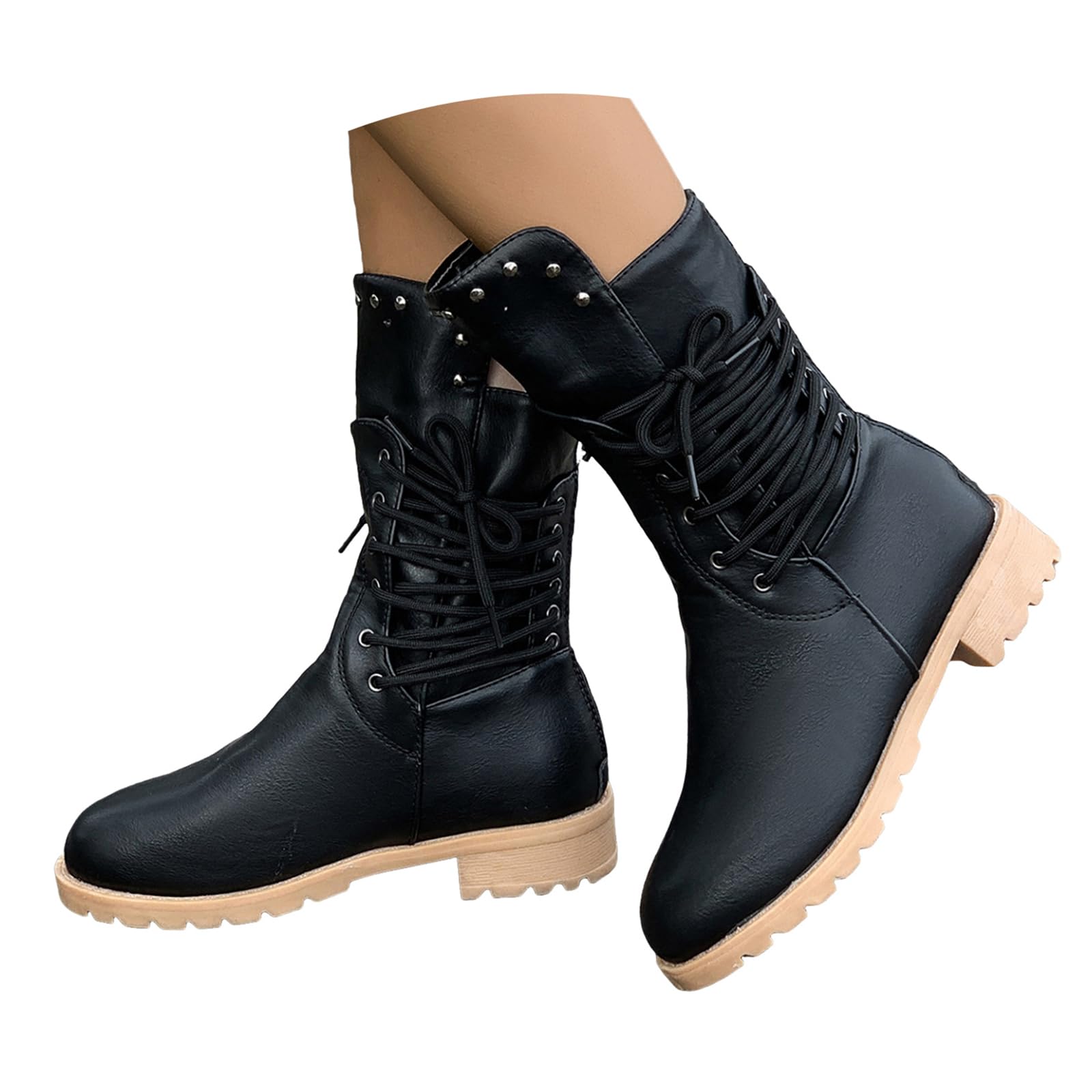 Womens Leather Vintage Boots Fashion Block Low Heel Lace up Combat Riding Shoes Wide Calf Western Motorcycle Booties