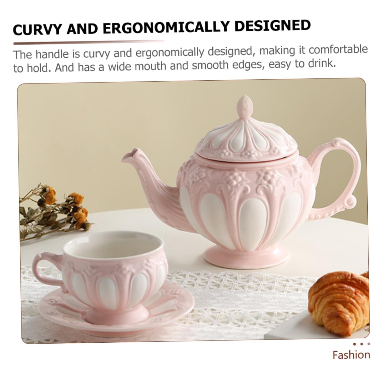 Juego de Tazas de Café Mango Ergonómico de Cerámica Diseño Europeo en Relieve y Color Rosa, Adecuado Hogar o Cafetería