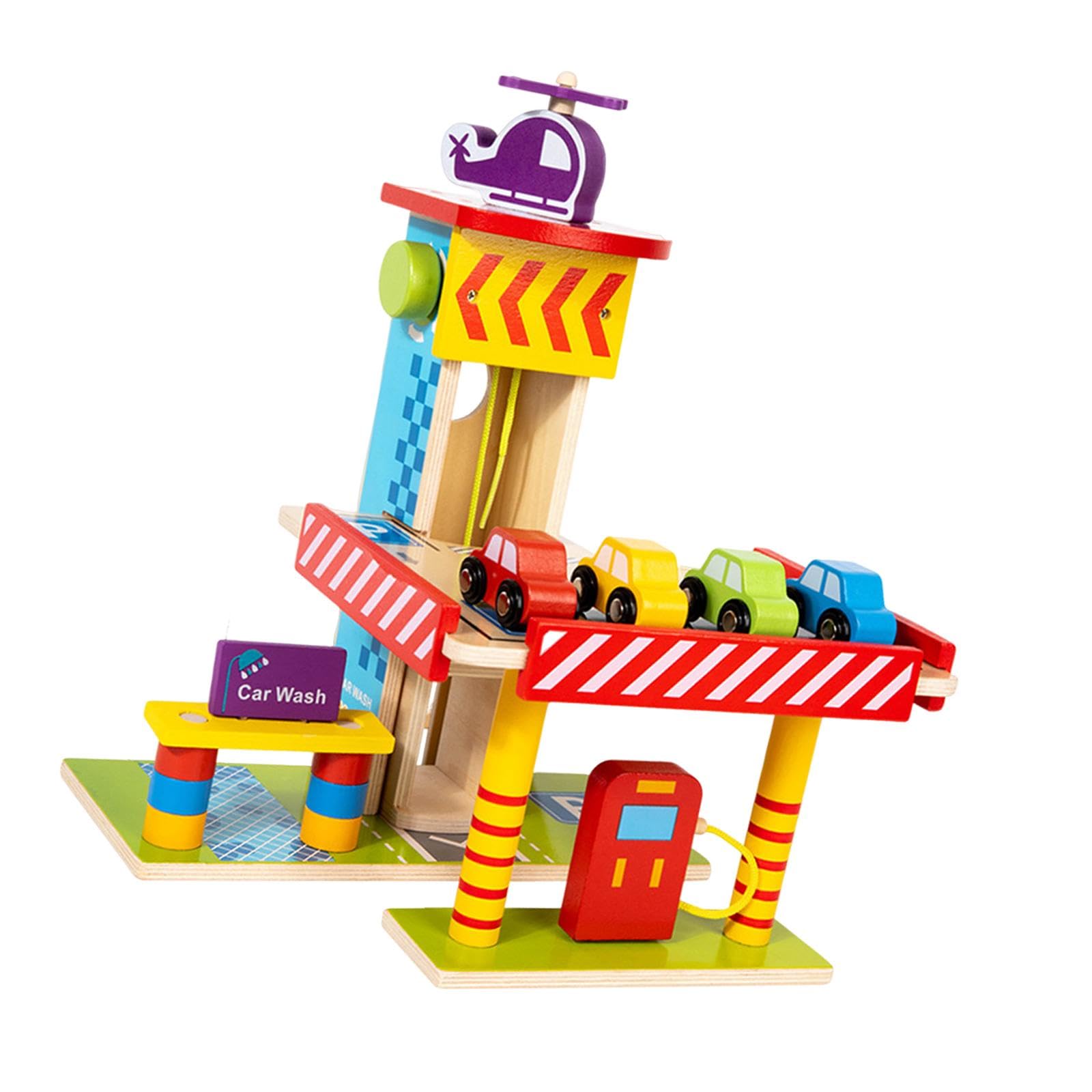 Parkhaus Spielset Aus Holz, Robustes Spielzeug, Tankstelle, Autowaschanlage, Geschenk für Jungen Und Mädchen, Lernspielzeug für Kinder