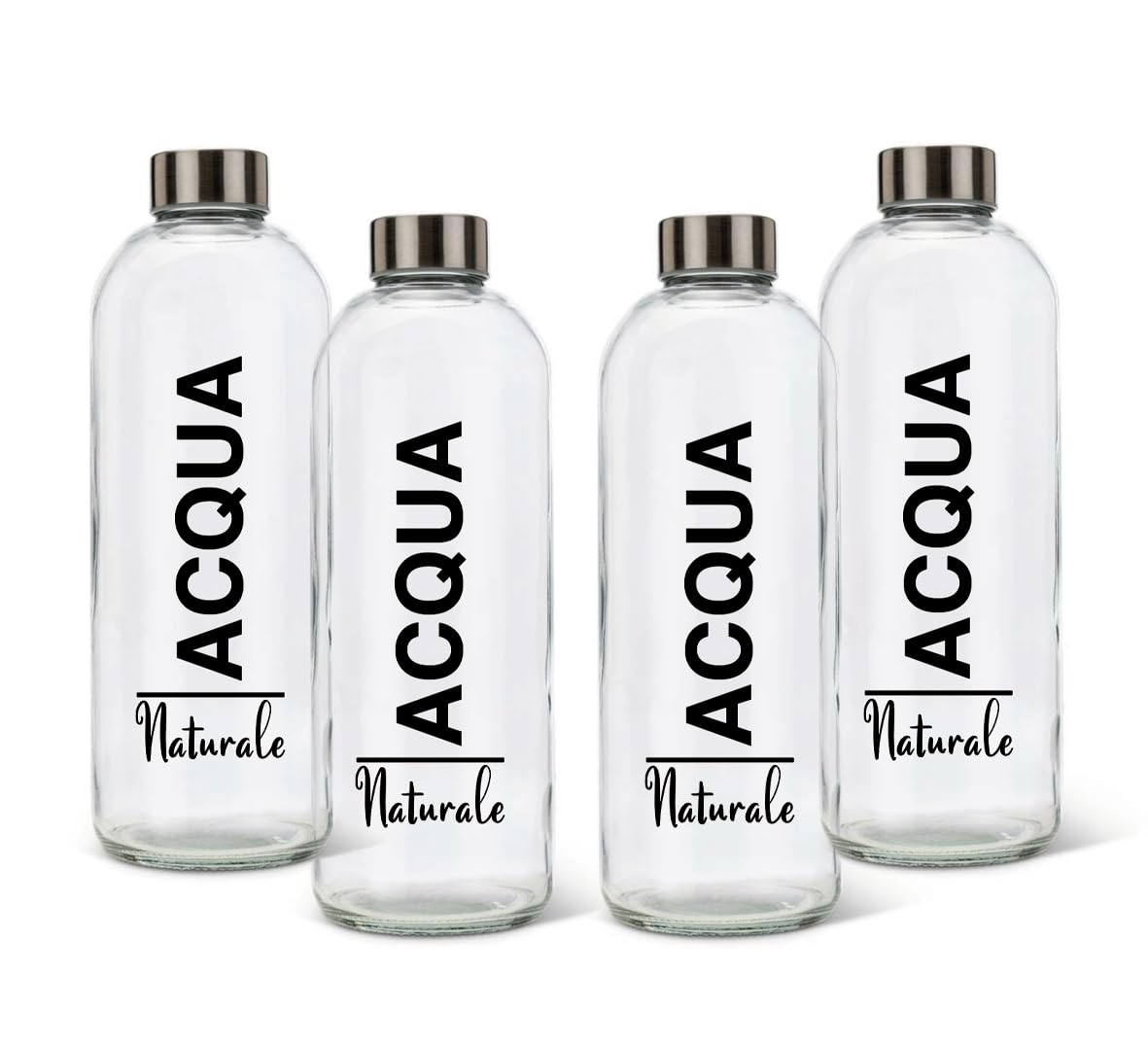 Lot de 4 bouteilles en verre 1 litre, modèle EOS, bouchon à vis en acier, sans BPA, col large, sérigraphie naturale, 4 Naturale, verre. Serigraphié en langue Italienne