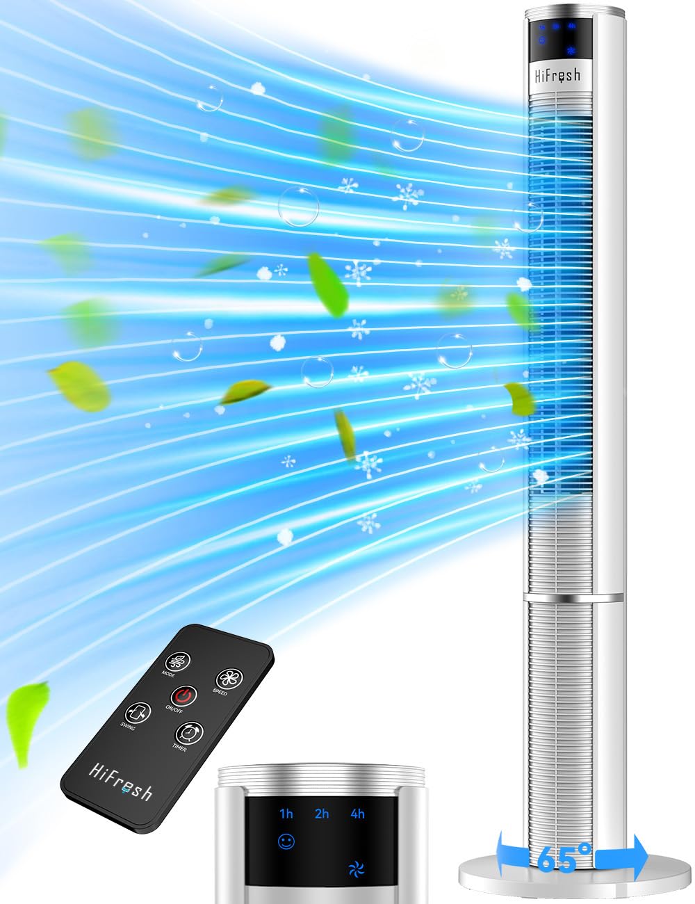 hifresh 110CM Bladeless Tower Fan for Home w/LED Touch Screen & Remote, 3 Modes & 3 Speeds, 7H Timer, 50W Low Power Consumption, 15 FT Air Delivery, Silent Operation, 65° Swing Control, Local Service