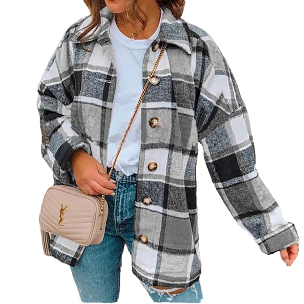 KCatsy Women Shacket Jacket Plaid Duffle Scottish Tweed Tartan Lapel Pocket Button-Down Overshirt Loose Outerwear