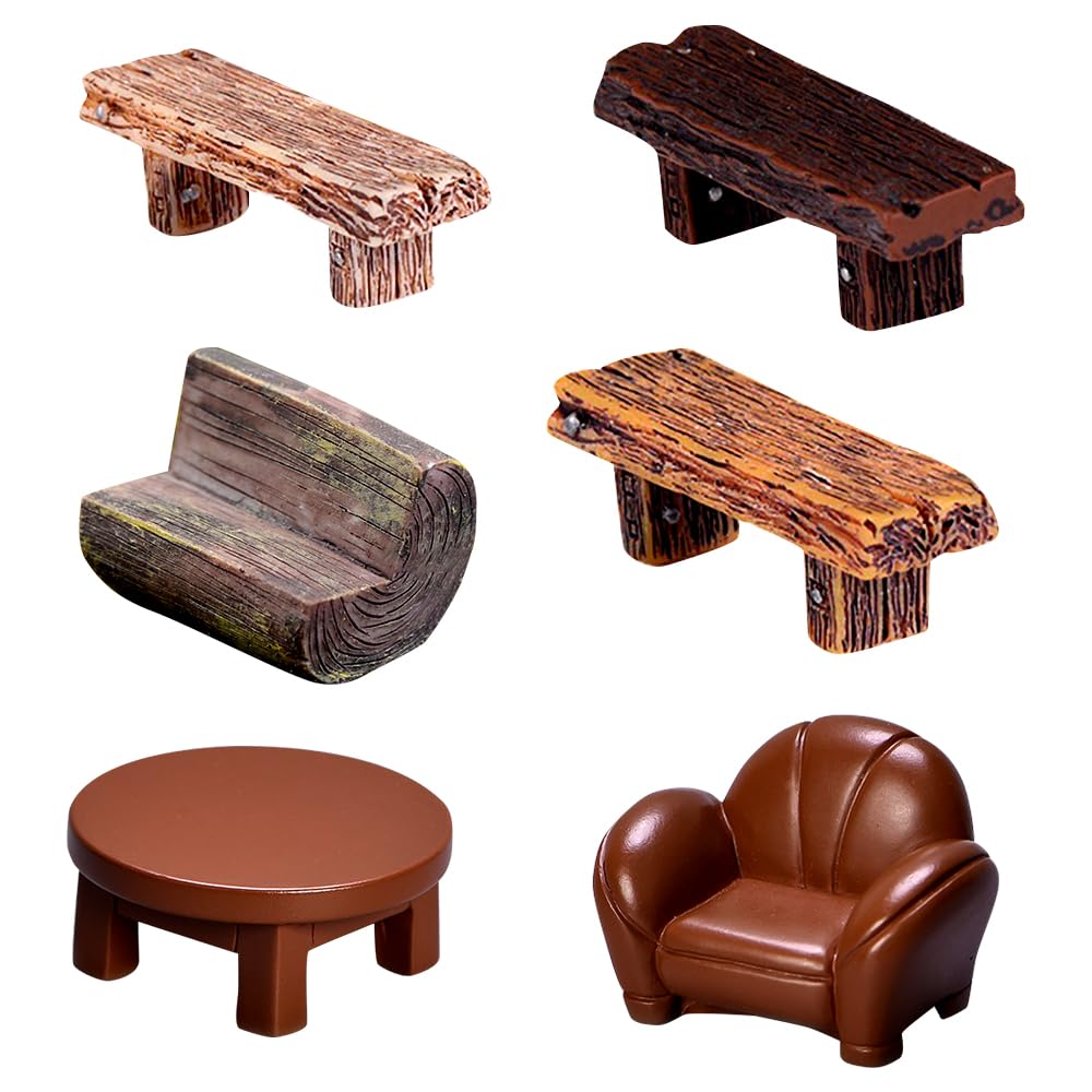 NimblusToy Miniature Garden Furniture Set, 6pcs Resin Miniature Table and Chairs Set, Mini Resin Bench, for Dollhouse Accessories Home, Micro Landscape Decoration, for DIY Decor and Garden Gifts