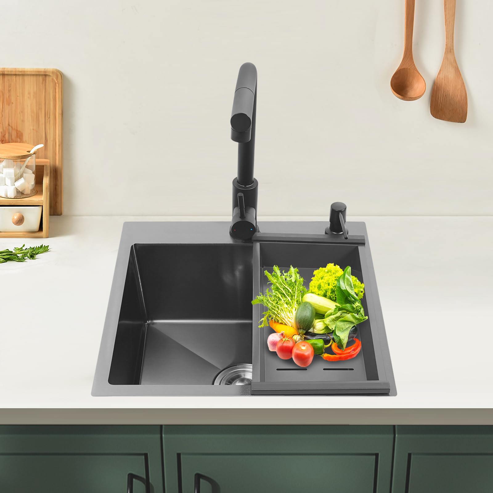Fregadero de cocina negro de acero inoxidable, 45 x 45 x 18 cm, con grifo extraíble, escurridor, dispensador de jabón, tubo de sifón, dispensador de jabón, válvulas de esquina, para cocina