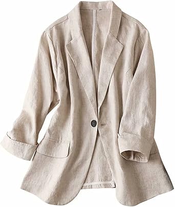 Amazon.com: Blazer de lino para mujer, verano, otoño, muesca, solapa con un  botón, chaqueta, chaqueta de manga 3/4, 100% lino : Ropa, Zapatos y Joyería