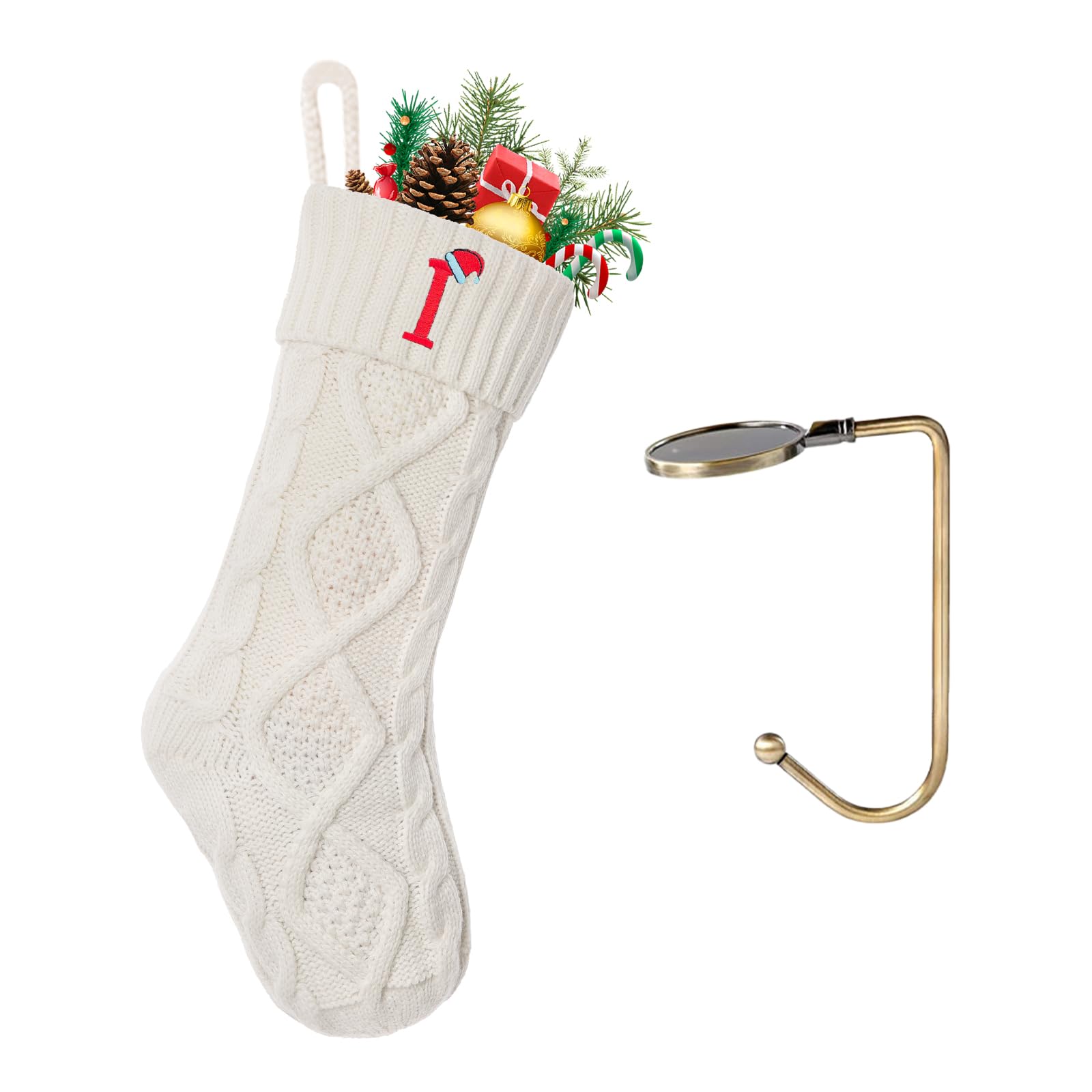 VRFASHION Christmas Stockings with Initials,Embroidered Xmas Stockings,18" Large Monogram Knitted Xmas Stocking,Christmas Party Fireplace Family Hanging Stocking Decorations (1 Pack, White) Letter I