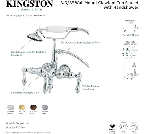Miniatura 10 de Elements of Design St. Louis DT0075CL - Llenador de bañera con patas de garra de montaje en pared con ducha de mano, bronce aceitado