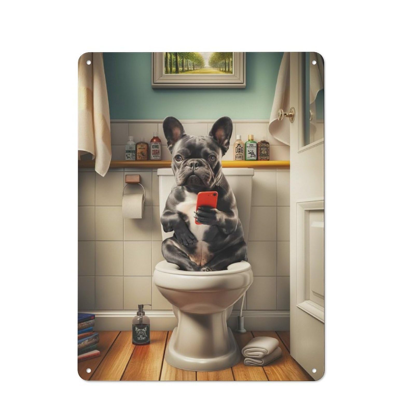 Metal Wall Sign 40x30cm Featuring French Bulldog on Toilet for Pub Or Café, Housewarming Wall Decor for People Furnishing Pub And Café