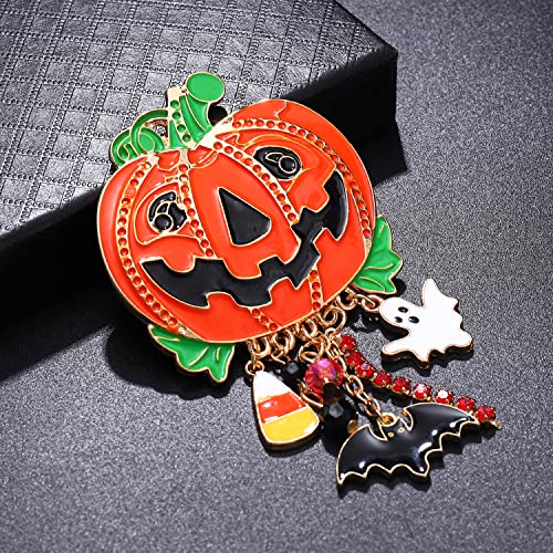 Image of Halloween Brooches for Women Enamel Pumpkin Bat Ghost Candy Corn Charm Brooch Pin Funny Happy Halloween Witchy Hat Cat Spider Skull Dangles Pins Halloween Costume Jewelry Gift