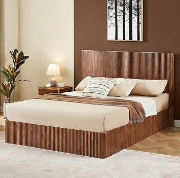 Bellemave Queen Lift Up Storage Bed, Walnut Wood +Metal Lift Up Bedframe Queen, Wood +Metale Corrugated Curved Lines, Hydraulic Storage,Walnut