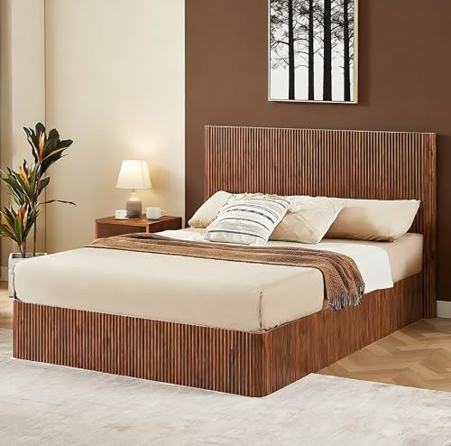 Bellemave Queen Lift Up Storage Bed, Walnut Wood +Metal Lift Up Bedframe Queen, Wood +Metale Corrugated Curved Lines, Hydraulic Storage,Walnut