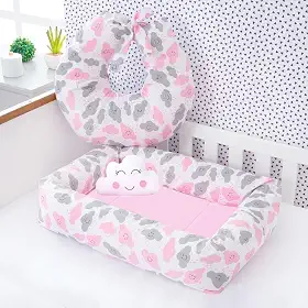 Ninho Redutor de Berço Quadrado com Almofada Nuvem, 70 x 45 cm, Algodão + Almofada para Amamentação, 58 x 55 cm (Nuvem Rosa)