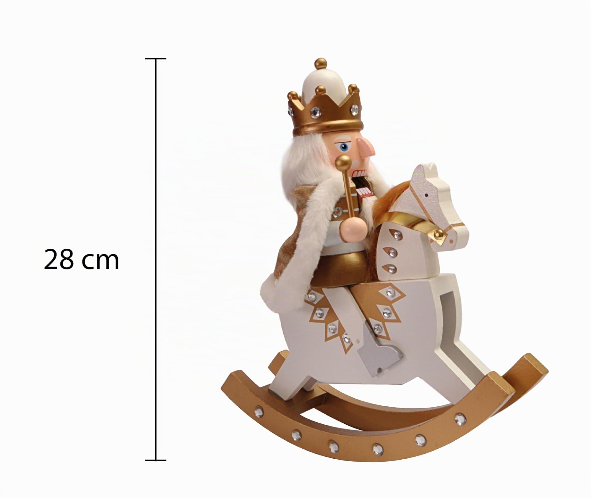 Ciao- Schiaccianoci Natale Soldatino Re a cavallo con mantello (28cm) in legno e tessuto, bianco/oro