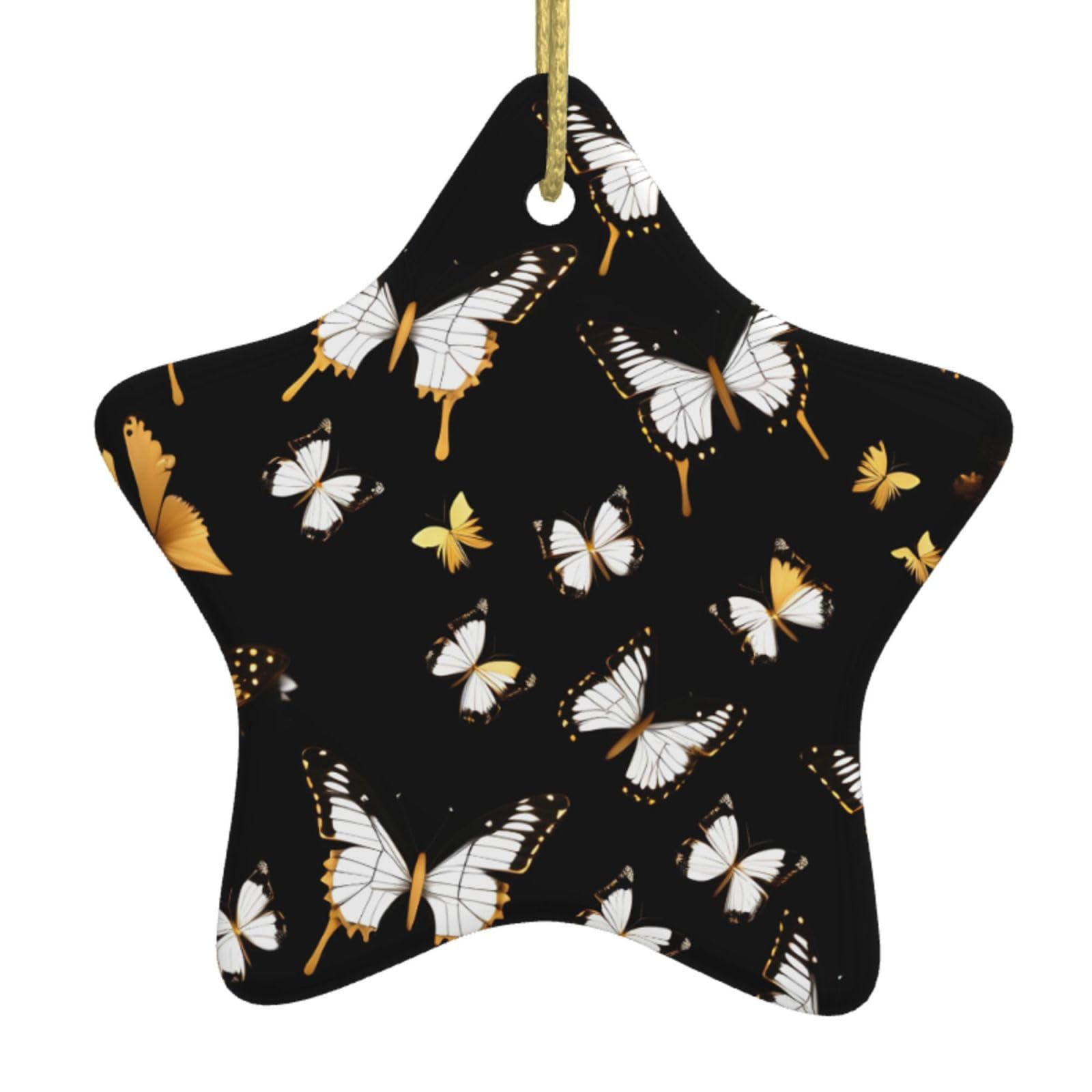 Nbtghga White Gold Butterflies Black Print Christmas Ornaments, Ceramic Hanging Ornament, Round Shape Decorations
