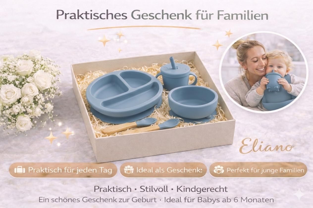 Eliano Set di stoviglie per bambini in silicone da 6 pezzi – piatto antiscivolo, ciotola, bicchiere con cannuccia, forchetta, cucchiaio, bavaglino – lavabile in lavastoviglie, senza BPA, adatto al