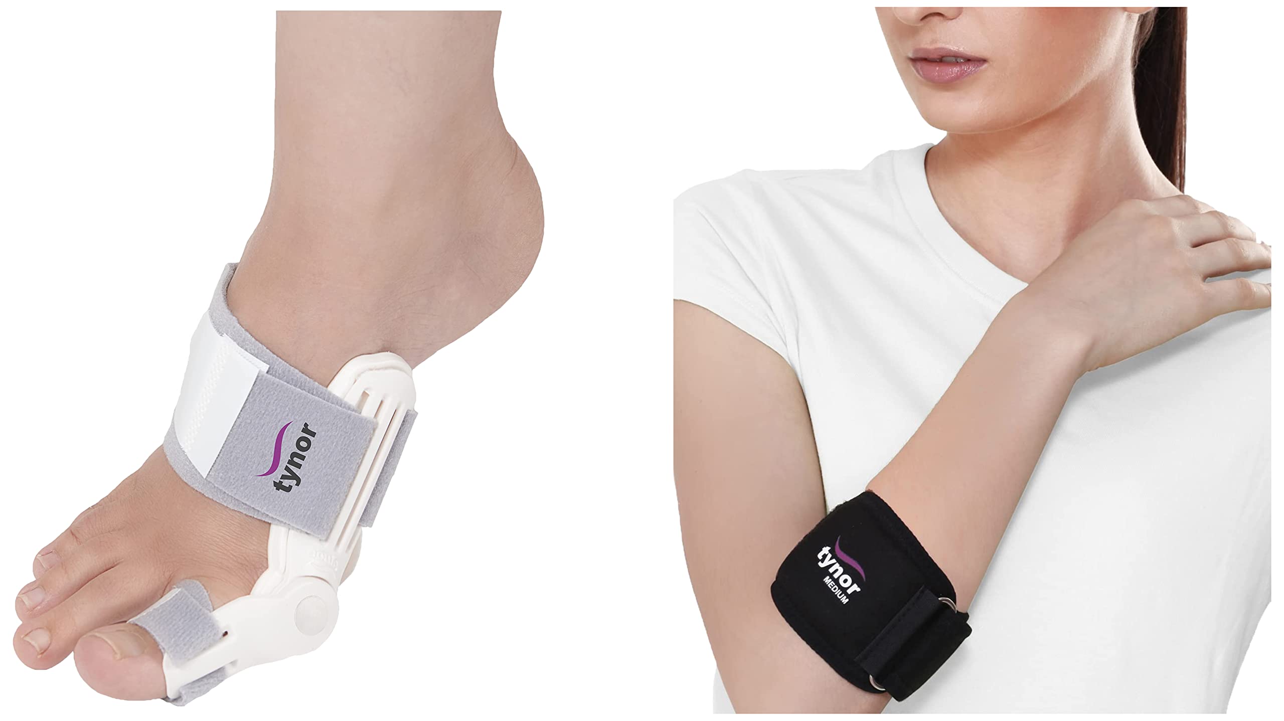TYNOR Silicone Bunion Splint, White, Universal Size, 1 Unit Tennis Elbow Support, Black, Medium, 1 Unit