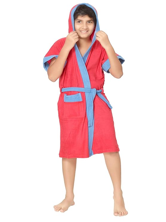 Sanddune - Cherry Red Color with Blue Border Kids Hood Bathrobe for Boys - 100% Terry Cotton Bathrobe Gown - Half Sleeves, Knee Length, Pocket with Waist Belt - Children Hodded Bath Robe for Age Group Between 10 to 11 Years