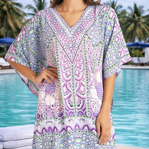 Image of Miss Lavish London Purple Ethnic Print Kaftan Dresses for Women V Neck Batwing Sleeve Beach Vacation Bikini Swimsuit Cover,Plus Size African&Dubai Caftan Maxi Beach Dress with Side Slits-Purple-2XL