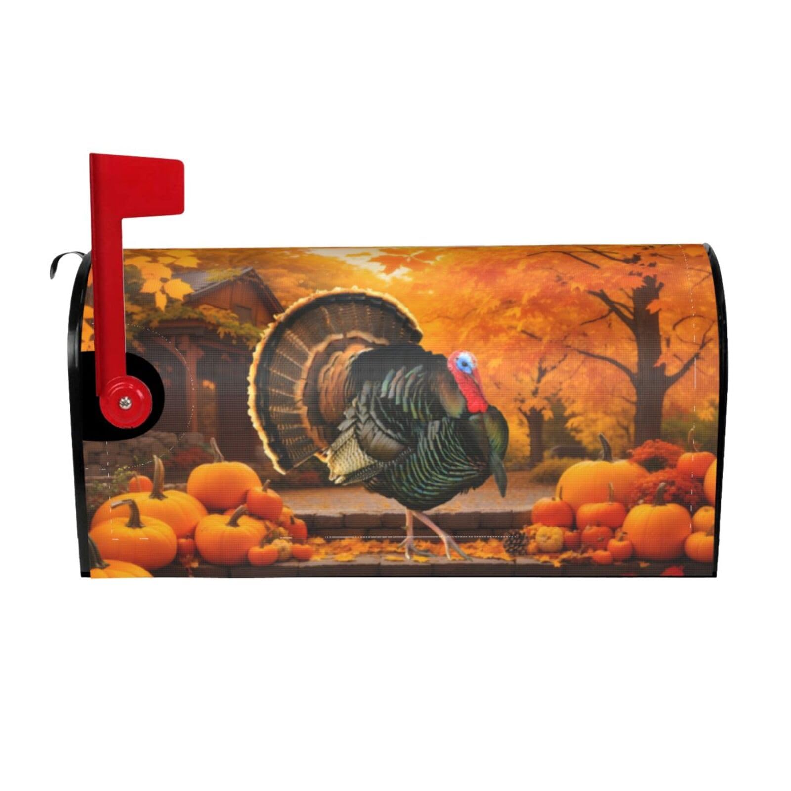 Thanksgiving Autumn Turkey Pumpkins Mailbox Cover, Fall Theme 21x18 Inch Magnetic Mailbox Cover, Standard Size Mailbox Post Cover Mailbox Wrap Post