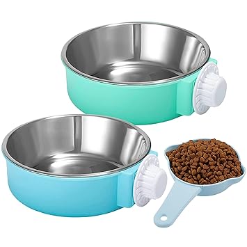 2Pack Crate Dog Bowl Hanging Water Food Feeder Stainless Steel Bowls Removable Cage Coop Cup for Pet Dogs, Puppy, Cats and Birds?Blue+Green?