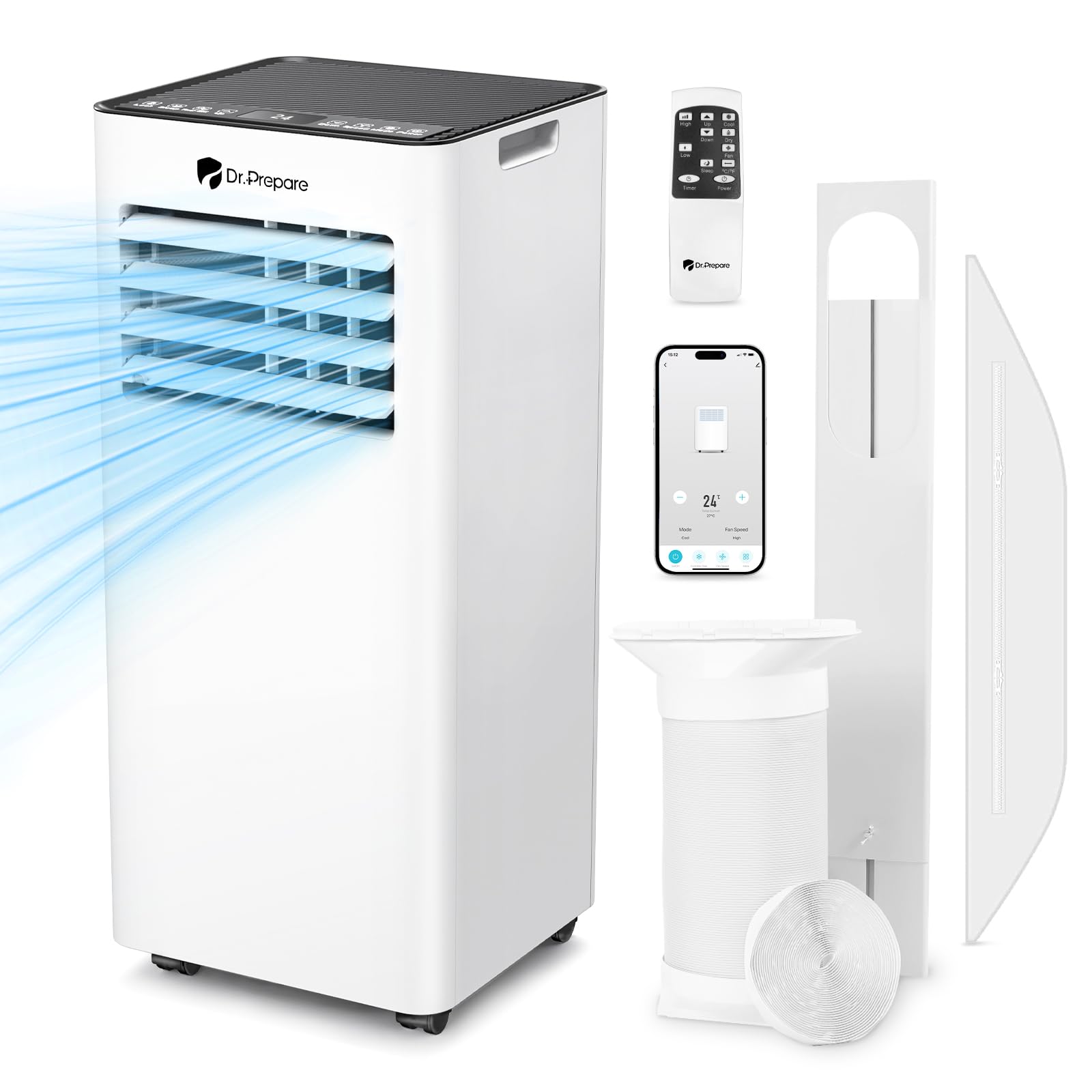 DR.PREPARE9000 BTU Air Conditioning Unit, 4-in-1 Portable Air Conditioner Smart WiFi Enabled, Dehumidifier, Cooling Fan with 2 Speeds, 24H Timer & Sleep Mode, Child Lock, Dual Window Venting Kit