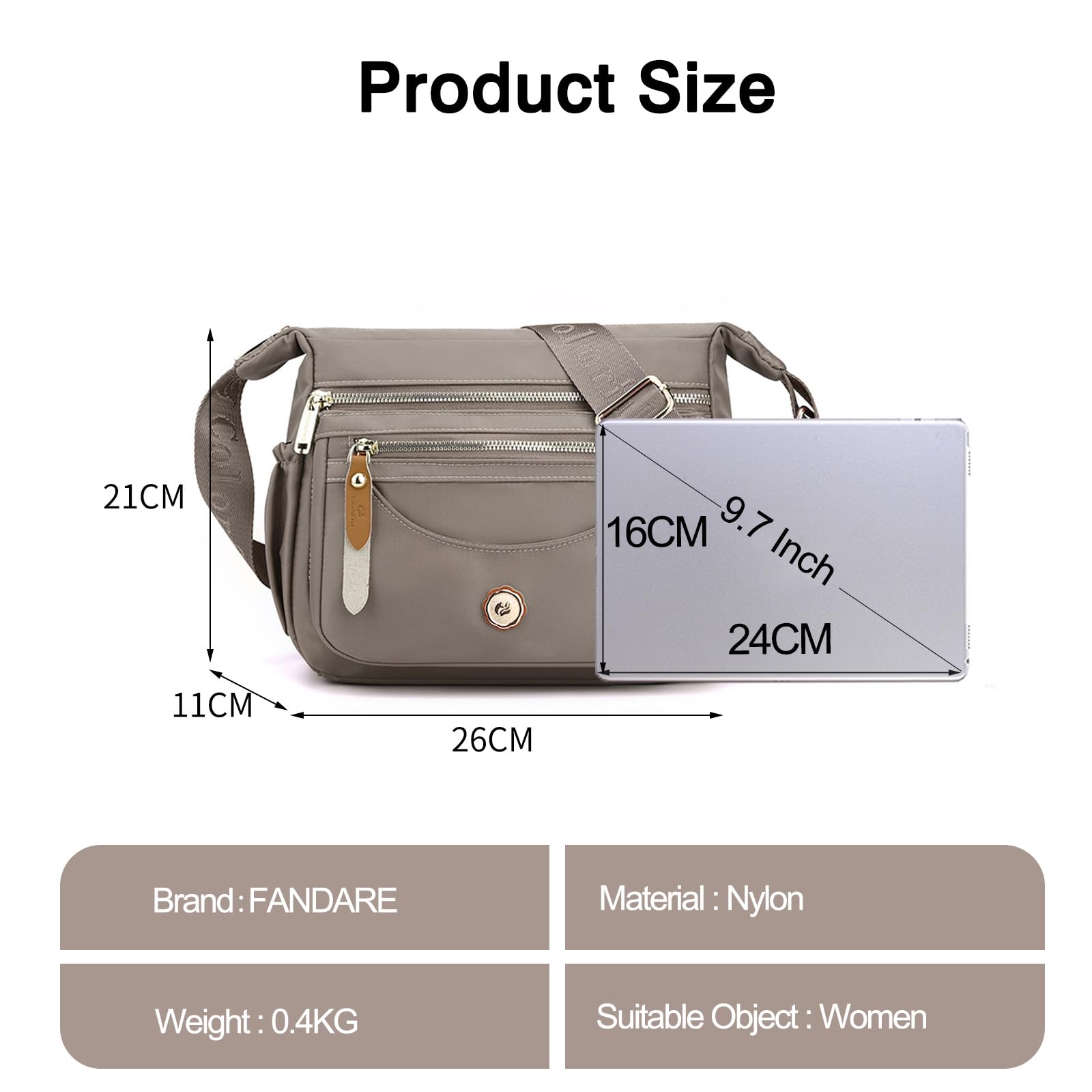 FANDARE Torby crossbody dla kobiet, ultralekka torba na ramię, damska torebka z regulowanym szerokim paskiem, torby boho, na trening, w podróż, na zakupy, torba listonoszka, do codziennego użytku
