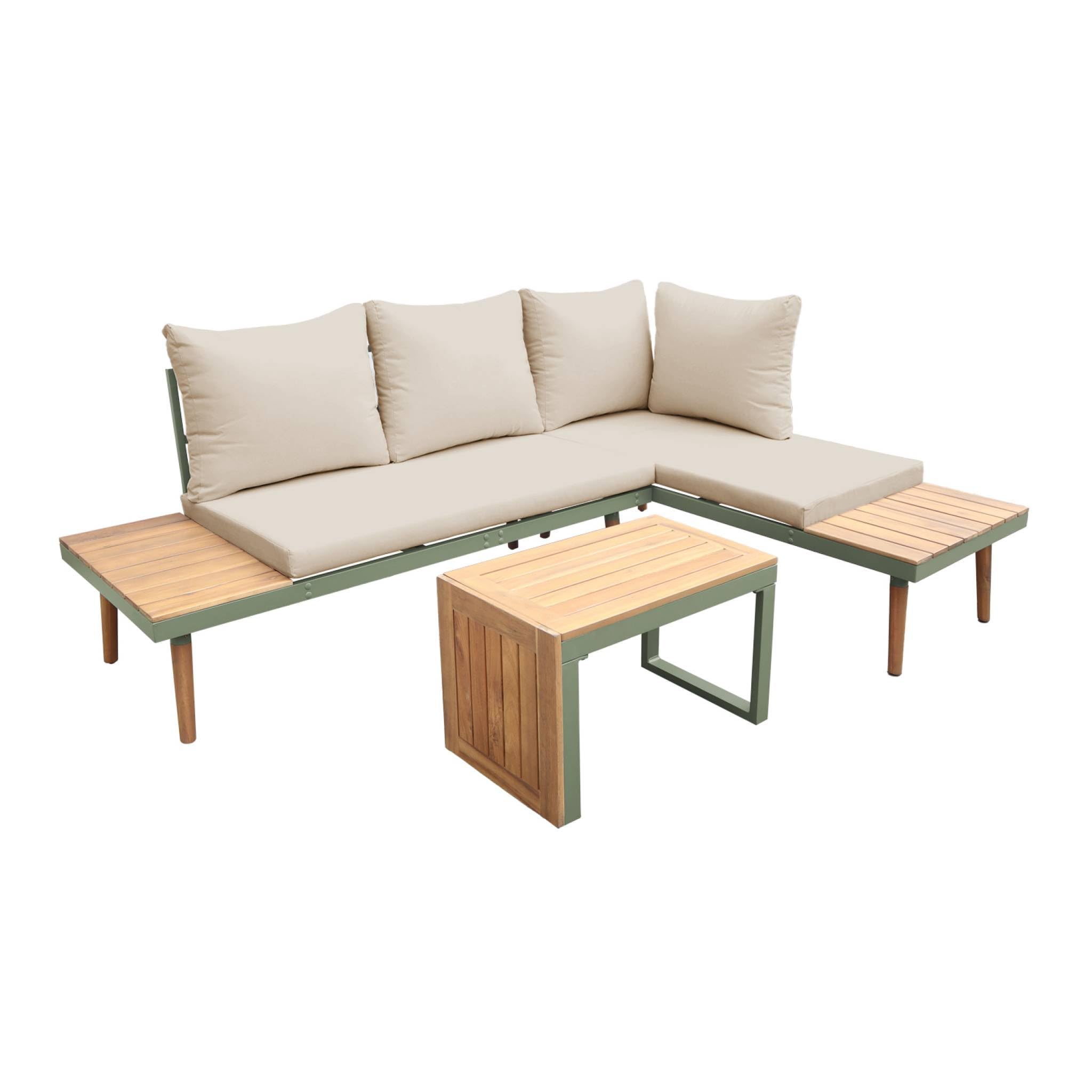 Alice's Garden sweeek - Salon de Jardin Kaki foncé. modulable en Aluminium et Bois d'acacia. 4 Places. Sao Paulo.140 x 68 x 65cm