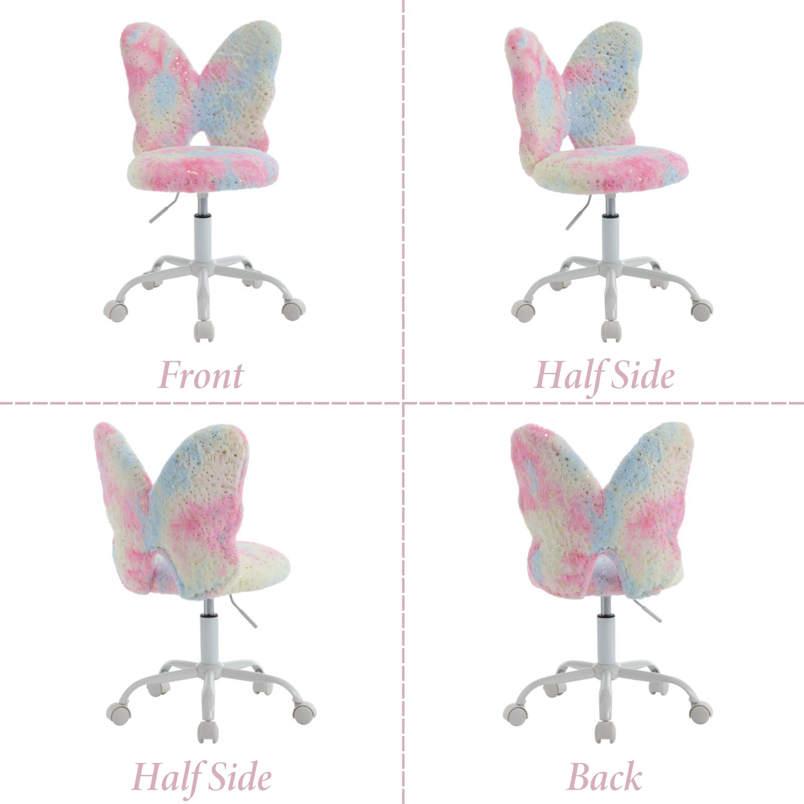 Ya-Home Kinderschreibtischstuhl Kunstfell Drehstuhl höhenverstellbar Schmetterlingsform Schminktisch Stuhl für Mädchen Jungen, Rosa