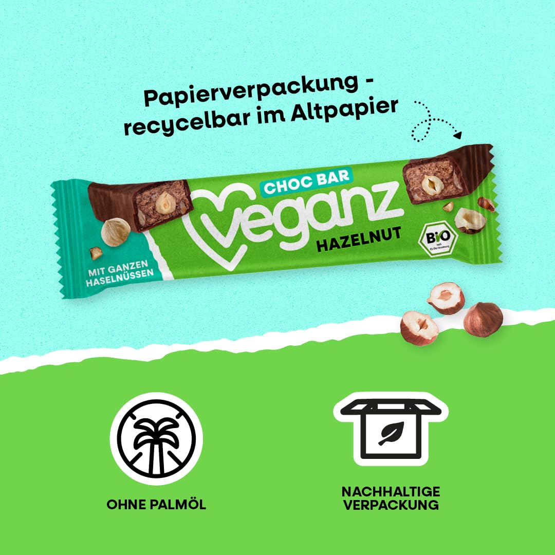 BIO Veganz Choc Bar Hazelnut 18er Pack | 18 x 40g | vegan | ohne Palmöl | mit ganzen Haselnüssen