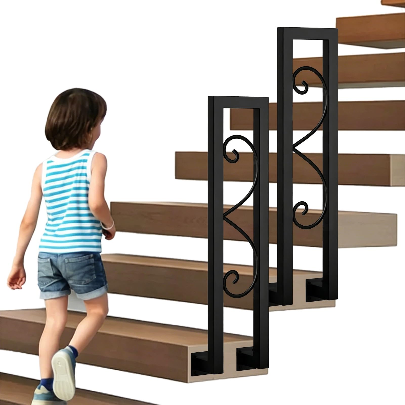 Marxan One Color Black Stair Railing For Exterior Staircase Loft Villa Corridor Garden, Front Porch Transitional Handrail Fits 1 Step, Metal Wrought Iron Tube(90Cm/35In)