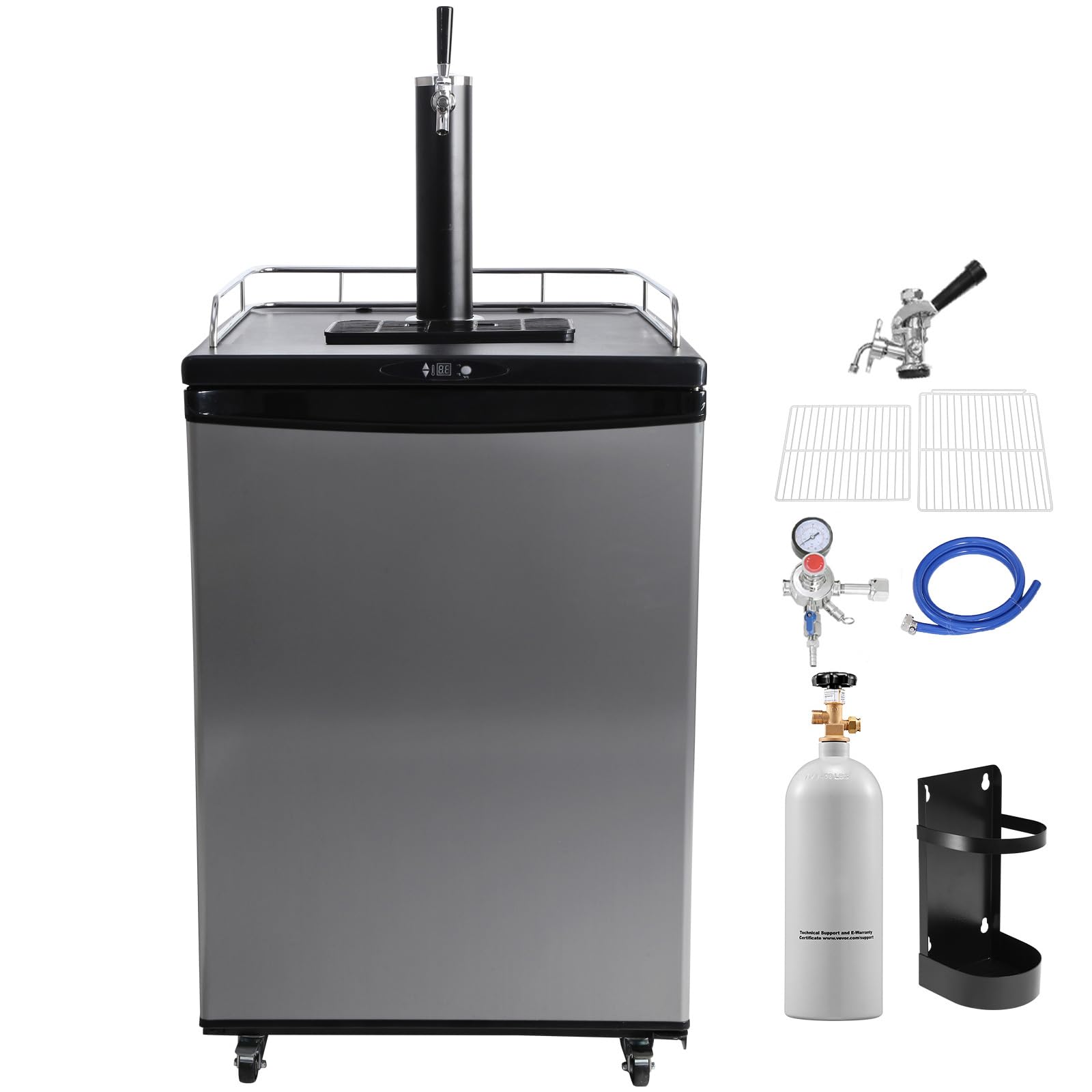 Happybuy Single Tap Beer Kegerator - Full Size Keg Refrigerator with Shelves, CO2 Cylinder, Drip Tray & Rail, 32°F - 75.2°F Temp Control, Fits 1/6, 1/4, 1/2 Barrels, Silver | Fridge.com