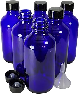 Bioll 120ml (4 oz) Boston Glass Bottles. Essential Oil Bottle With Black Poly Cone Lids. For Potion,Juice,Ginger Shots,Oils, Whiskey,Perfume,Aromatherapy,Lab Refillable Sample Vials -6 pack (Blue)