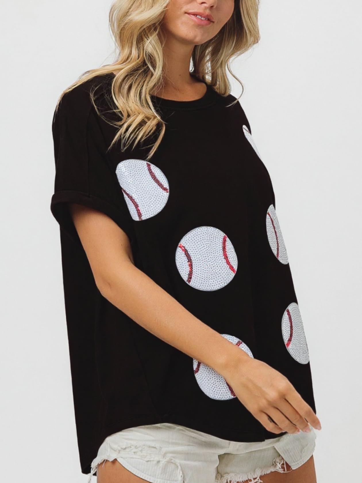Maglietta da donna con paillettes luccicanti da baseball, maglietta a girocollo oversize a maniche corte lavate