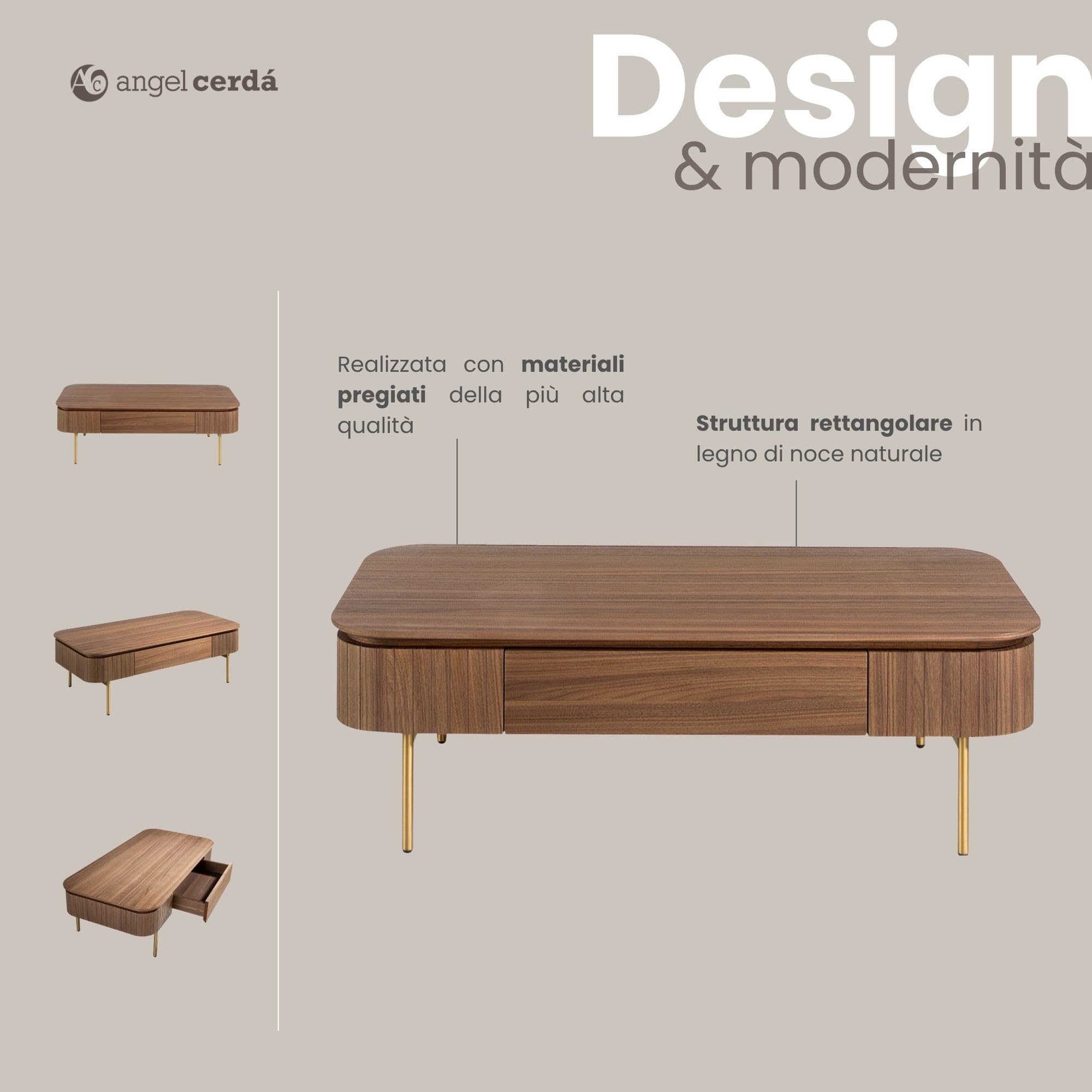 Ángel Cerdá - Tavolino Rettangolare in Noce e Acciaio Dorato con Cassetto Centrale - Tavolino Moderno ed Elegante - Originale e Versatile - Materiali Resistenti - 120 x 60 x 37 cm