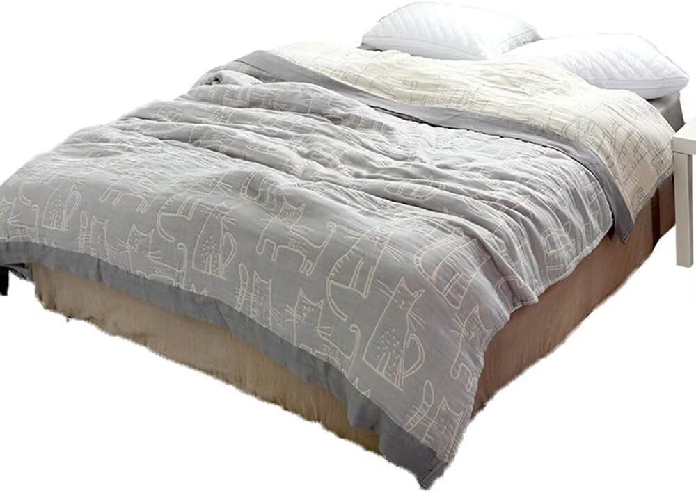 Muslin Cotton Throw Blanket for Couch Bed Adults Kids, Cartoon Cat Printed Quilt 4 Layers Ultra Soft Lightweight Reversible Gauze Blanket for All Season (Pink,60"x80")