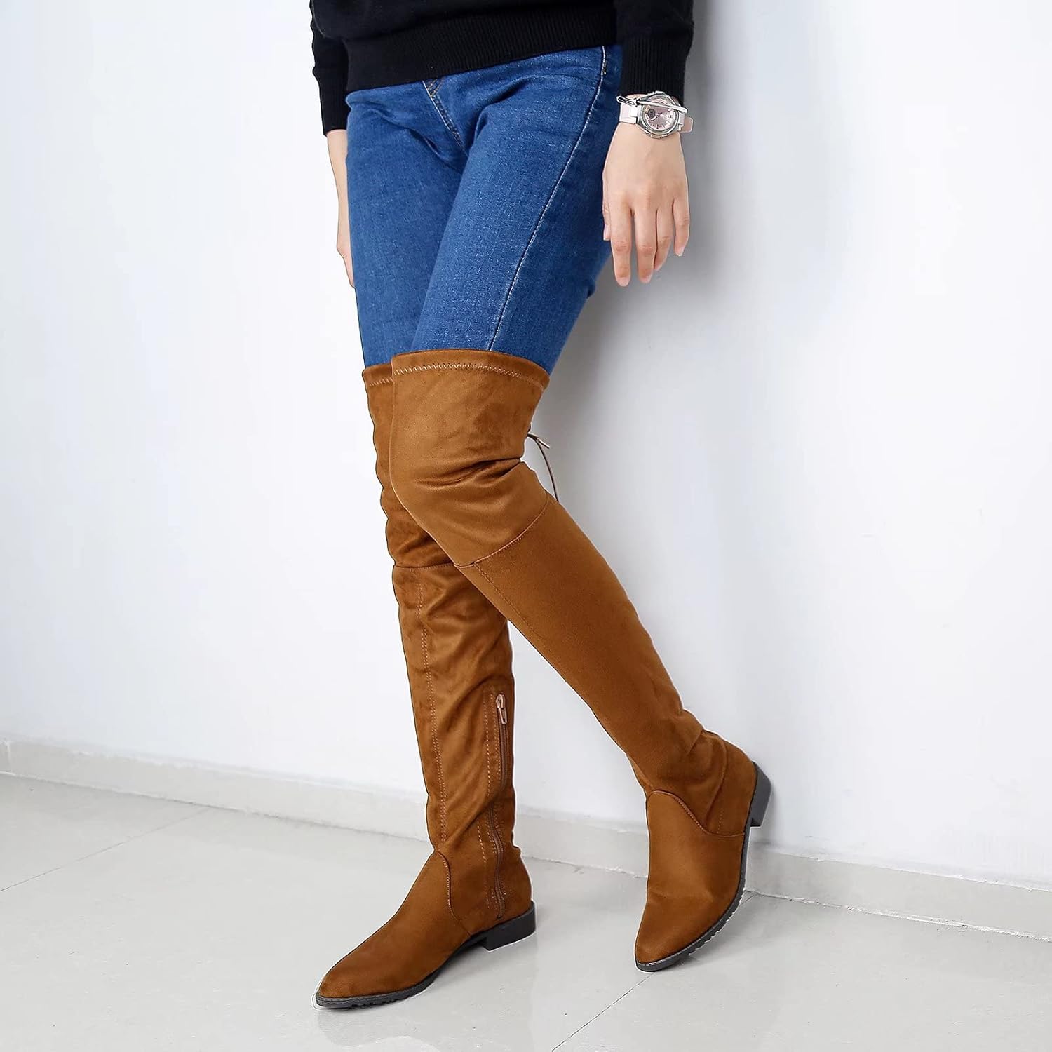 brown flat thigh high boots