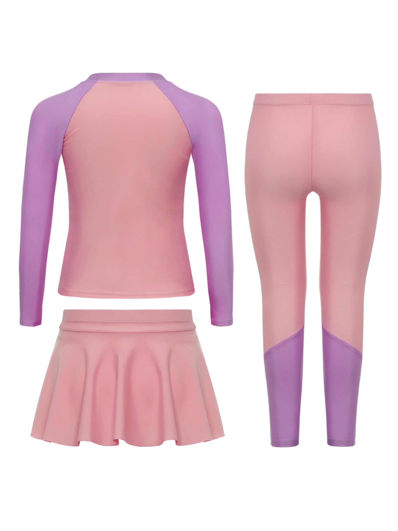 Kaerm Big Girls 3 Piece Athletic Swimsuit Long Sleeve Swim Top with Skirts Pants Rash Guard Beachwear Pink 5-6 Years