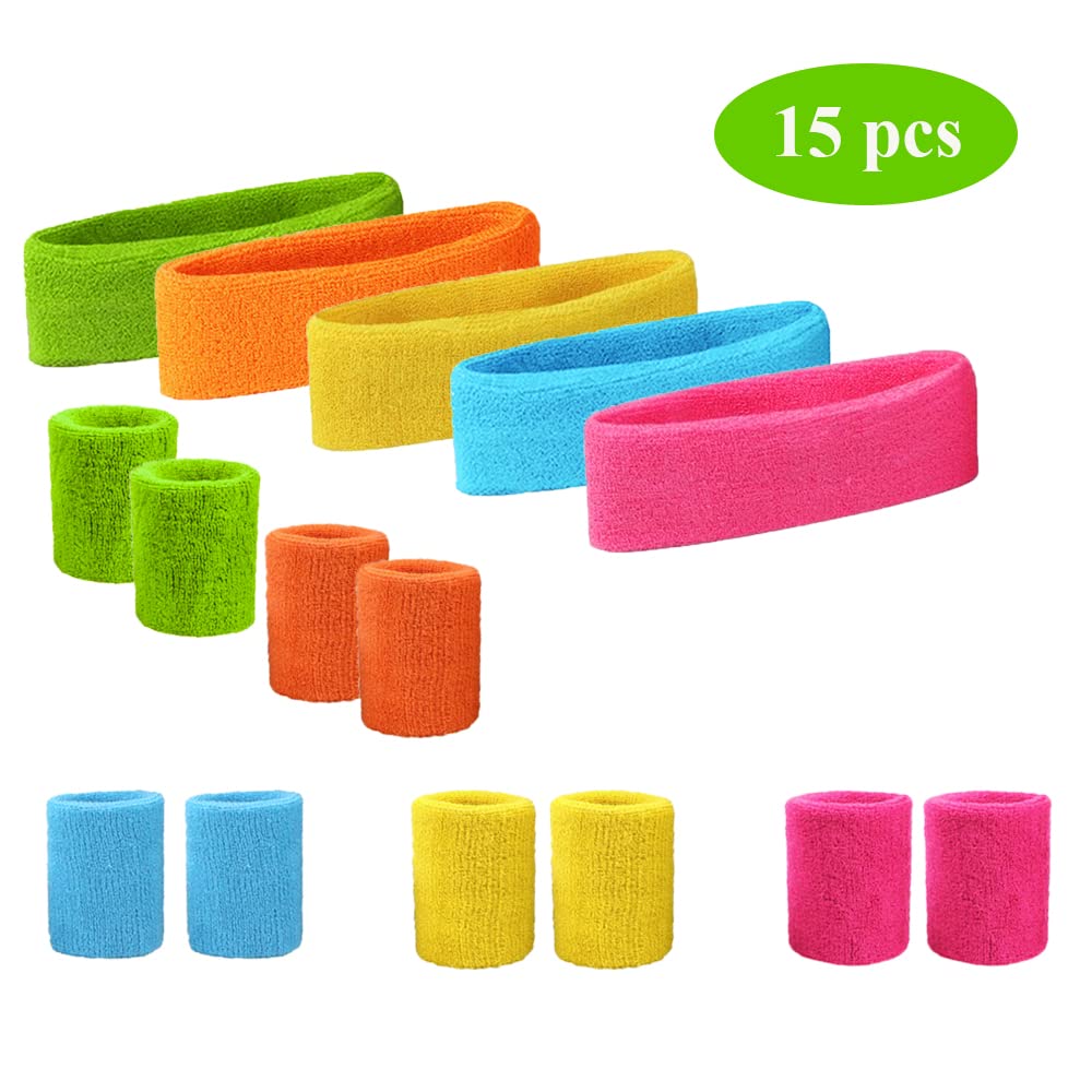 Newofview 15-tlg. 80er Neon Schweißband Set - 5 Stirnbänder & 10 Handgelenksbänder