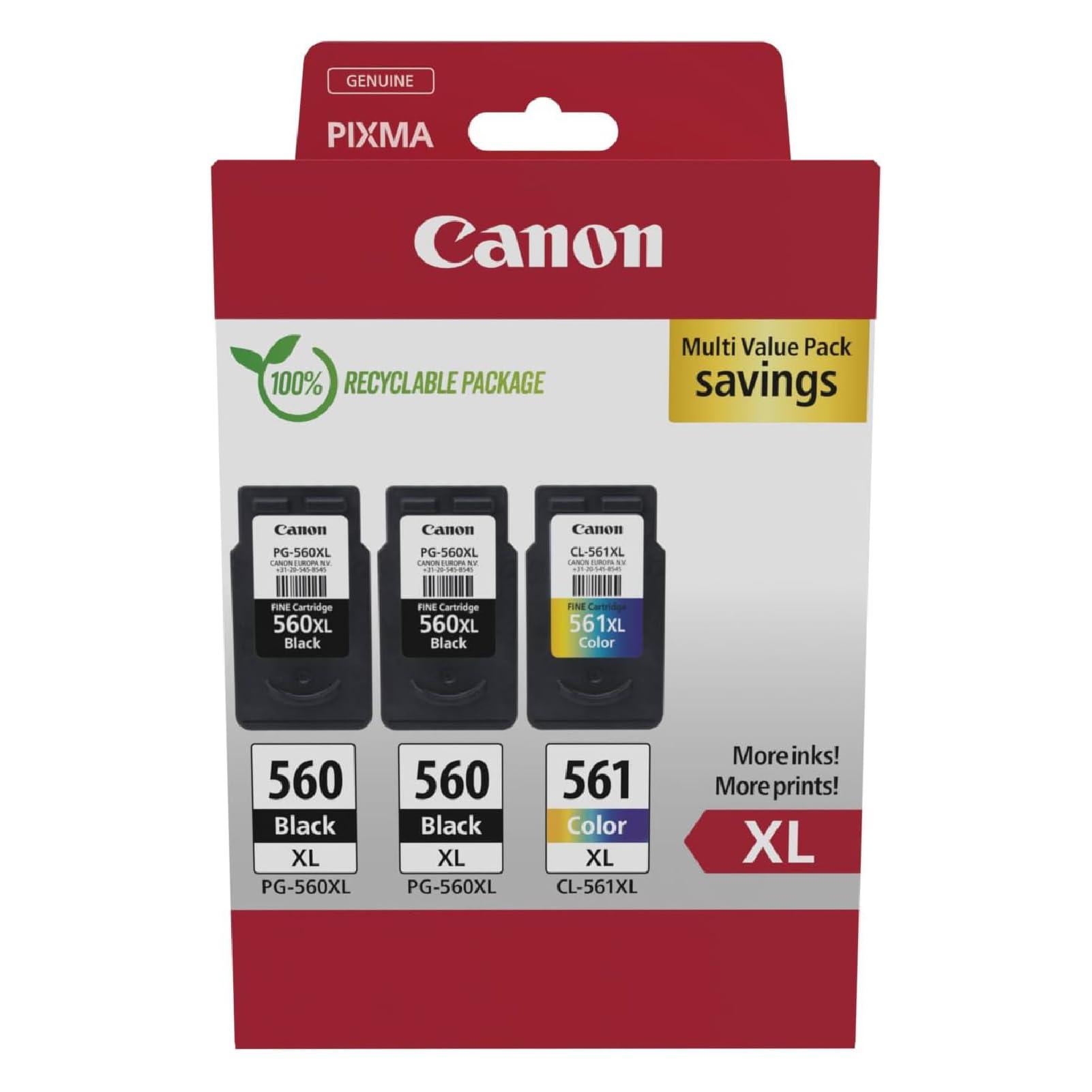 Canon Tintenpatronen - PG-560XL/CL-561XL Original Druckerpatronen mit hoher Reichweite 3er Pack (2 x Schwarz, 1 x Farbe)