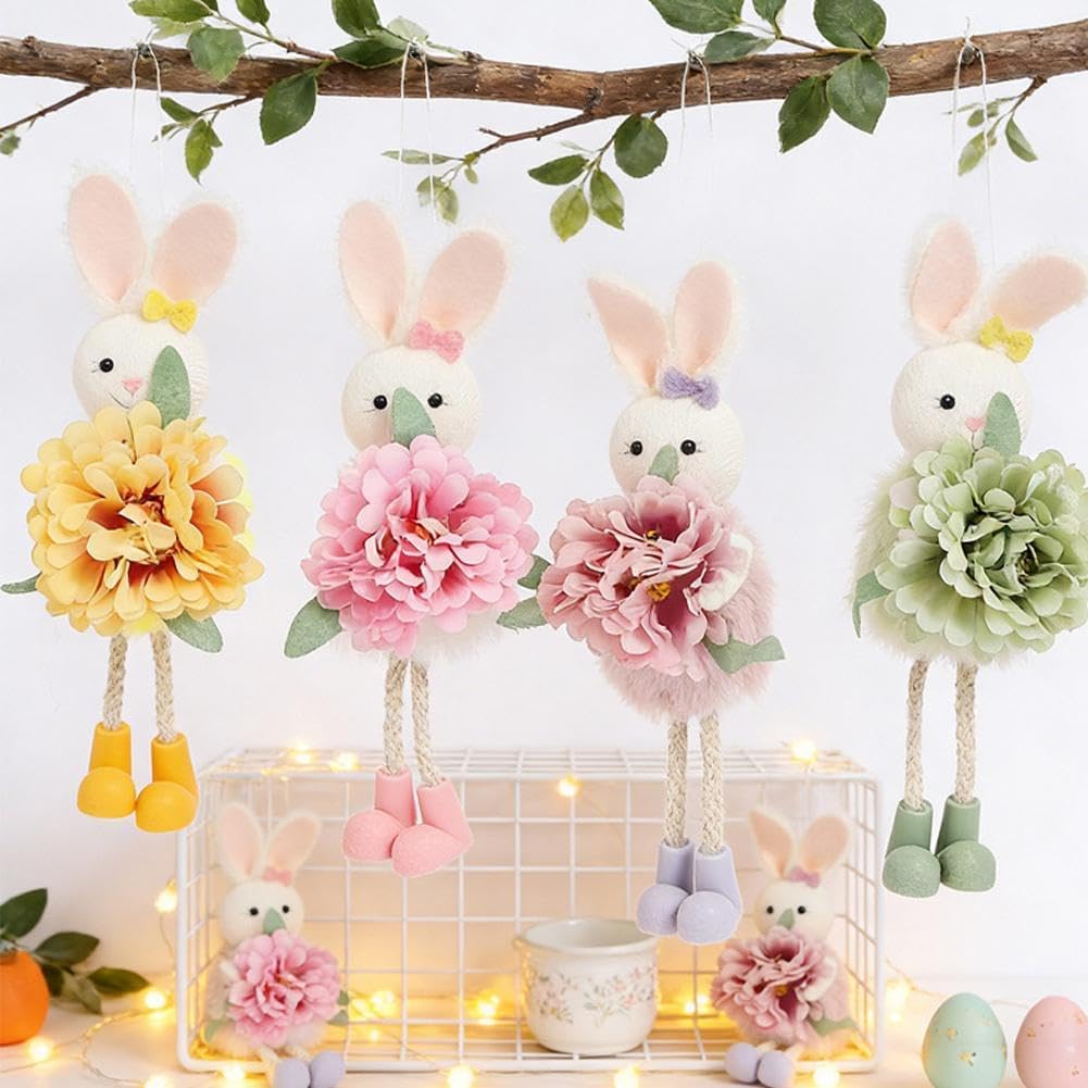 Easter Bunny Hanging Ornaments | 4 Pcs Floral Rabbit Decor with Dangling Legs | 7.8" Pastel Spring Plush Bunny for Easter Tree, Wreath & Holiday Home Decoration, Multi-Color